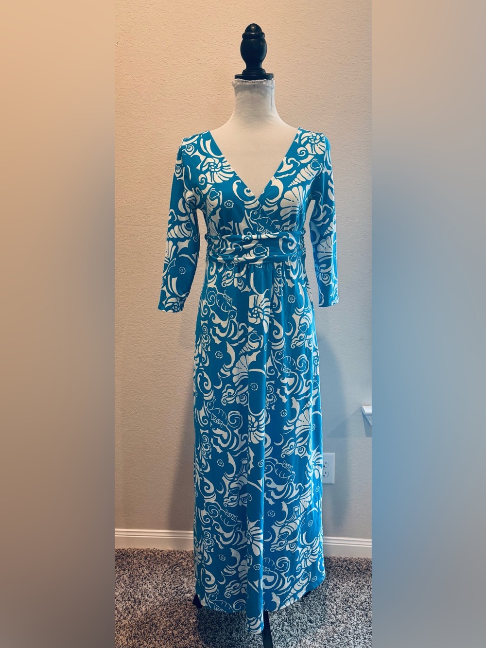Lilly Pulitzer “Gloria” Maxi Dress Ariel Blue Tide Pools Faux Wrap Knit